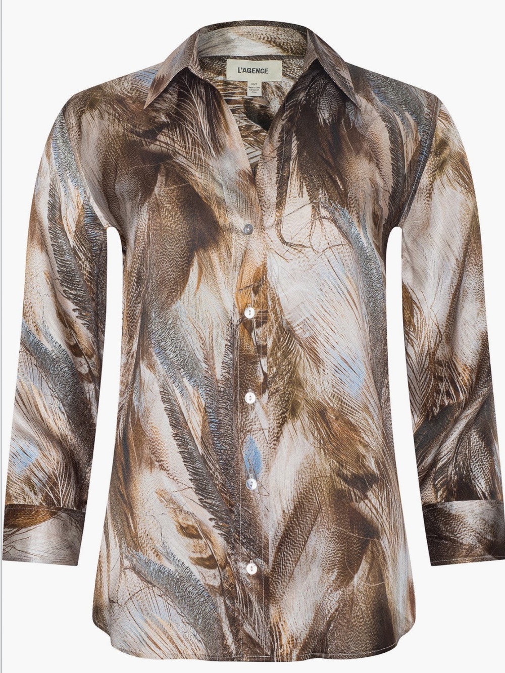 NEW L’Agence Dani Feather Print Three-Quarter Sleeve Silk Button-Up Shirt - Picture 4 of 8